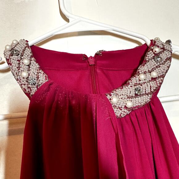 Cache Cocktail Dress Sleeveless Beaded Neck Ruffle Over Lay Fuschia Pink 4 - Picture 2 of 4